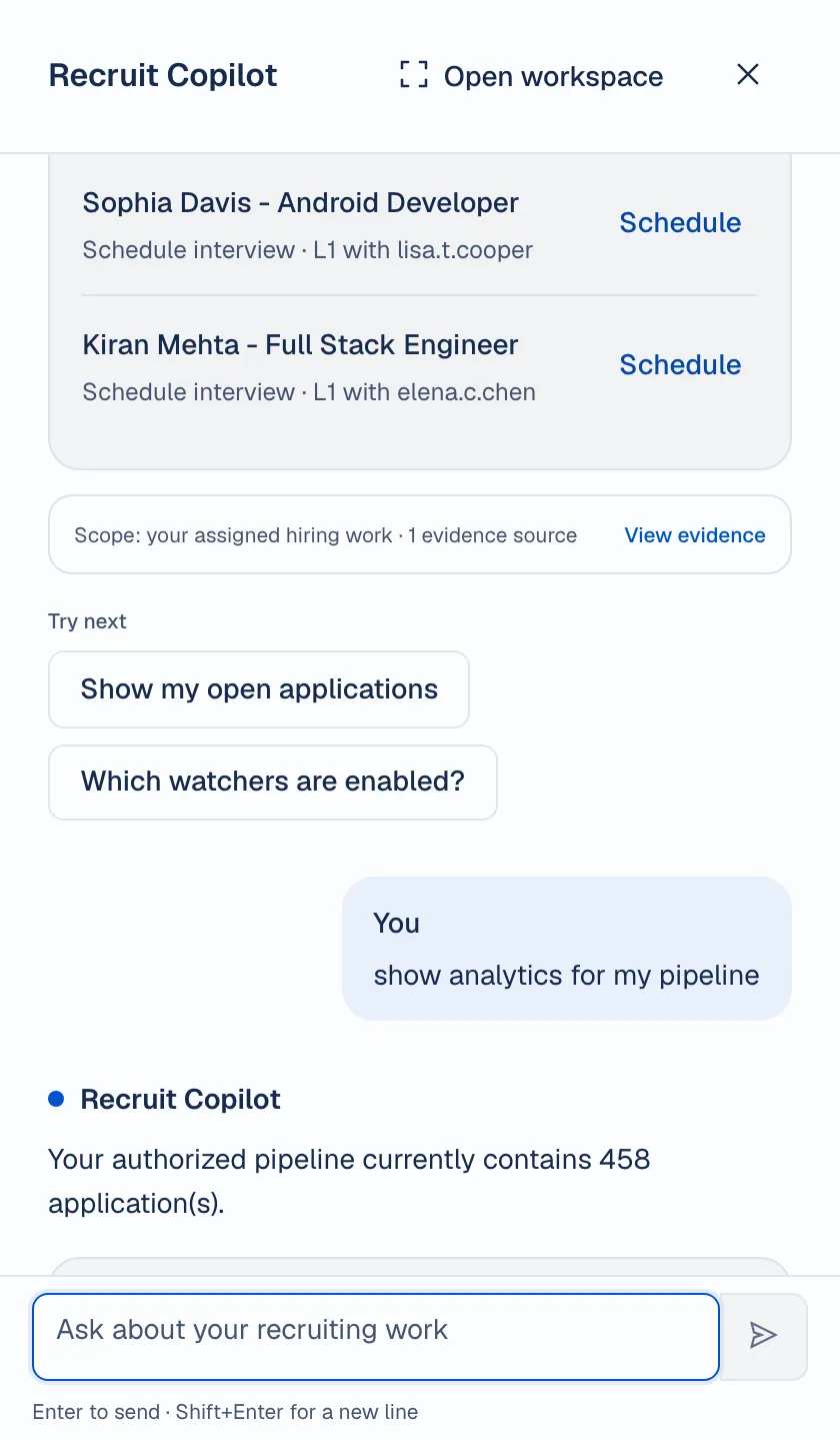Real Recruit Copilot next actions: named candidates, roles and interviews to schedule. Demo data.