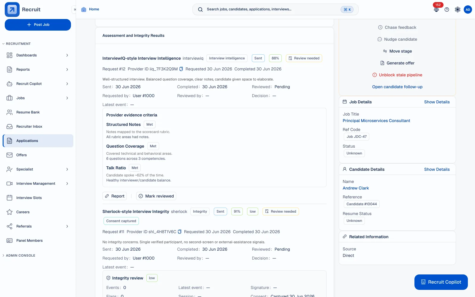 Application record showing external interview-intelligence and integrity results with scores, evidence and review status