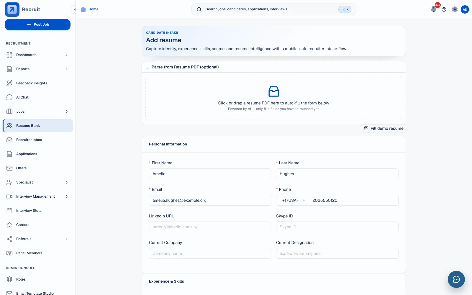 Add resume page with AI resume parsing, populated candidate fields, skills, experience, and seeded recruiting data